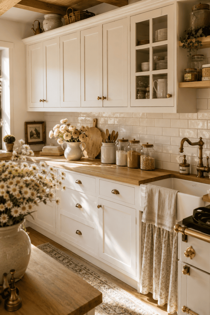 Warm white shaker cabinets styled in a timeless cottage kitchen.