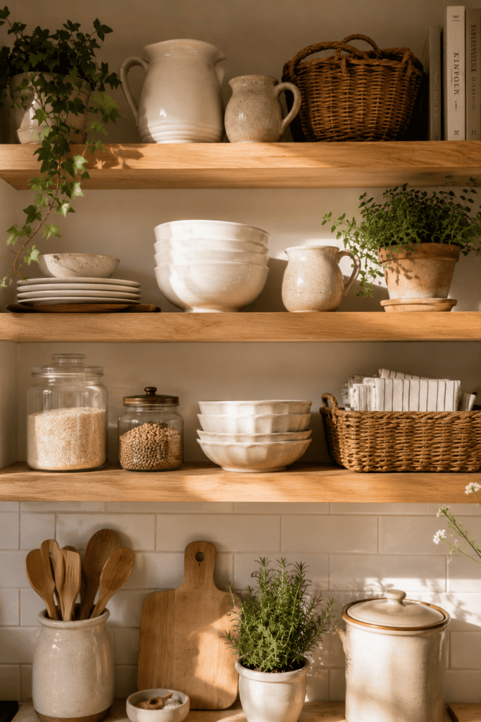 Open wooden shelves styled with pottery, glass jars, and cottage kitchen decor.