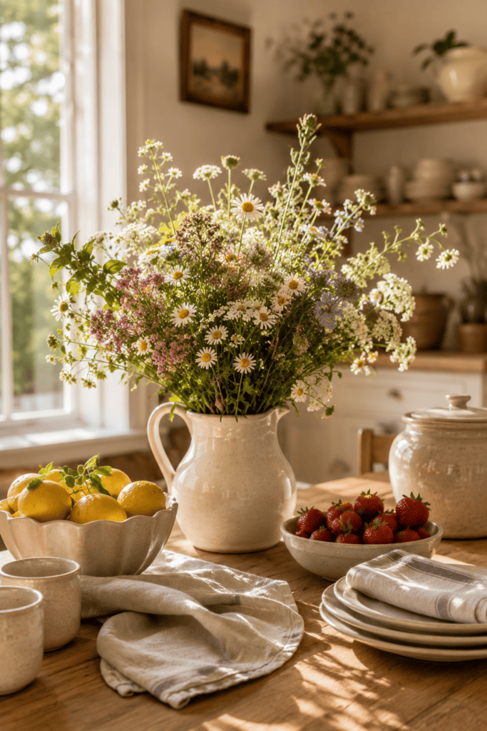 Fresh wildflowers in a ceramic pitcher decorating a cozy cottage kitchen.