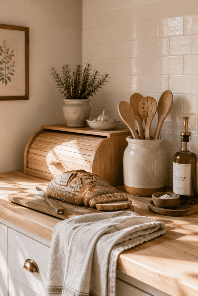 Minimal cottage kitchen countertop styled with bread box, herbs, and natural materials.