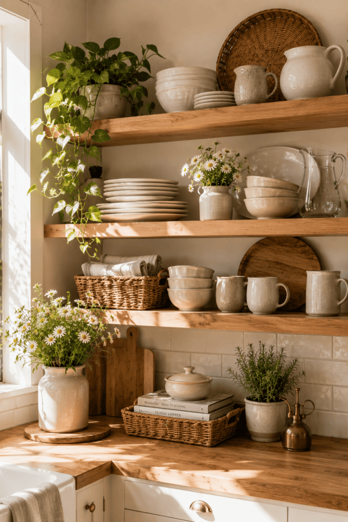 Open cottage kitchen shelves displaying white stoneware dishes, ceramic bowls, and fresh flowers.