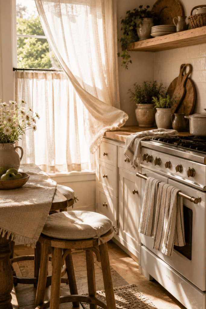 Natural linen curtains and tea towels adding warmth to a bright cottage kitchen.