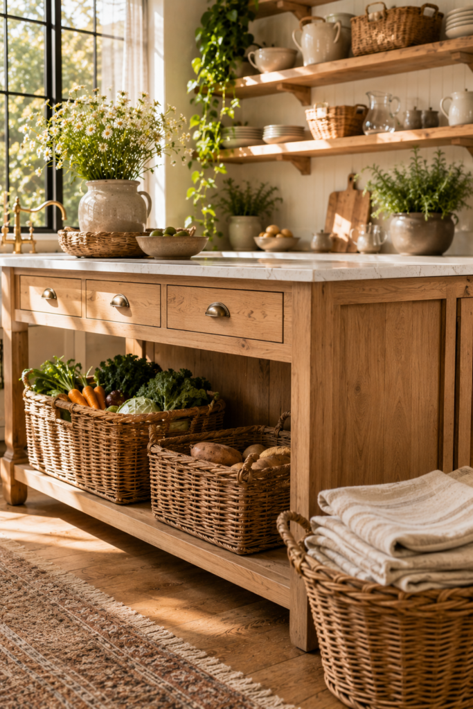 Woven baskets used for stylish storage in a cozy cottage kitchen.