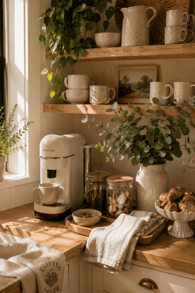 Cozy cottage kitchen coffee station with ceramic mugs, greenery, and natural wood accents.