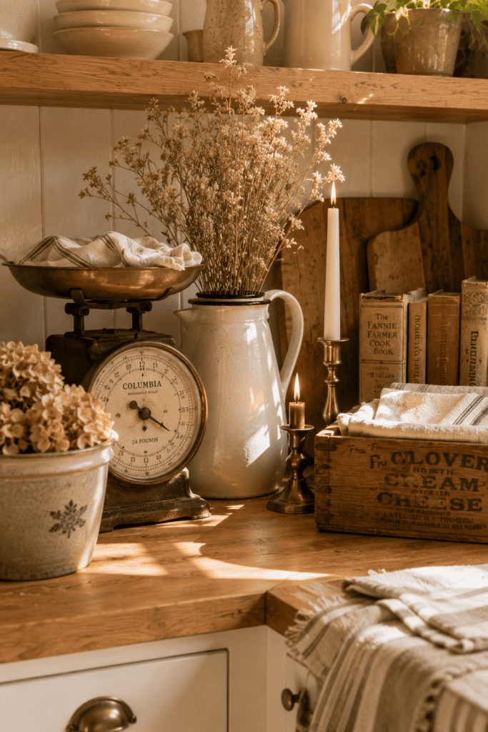 Vintage-inspired accessories decorating a warm and timeless cottage kitchen.