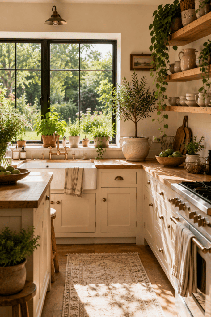 Bright cottage kitchen decorated with herbs, olive tree, and lush indoor plants.
