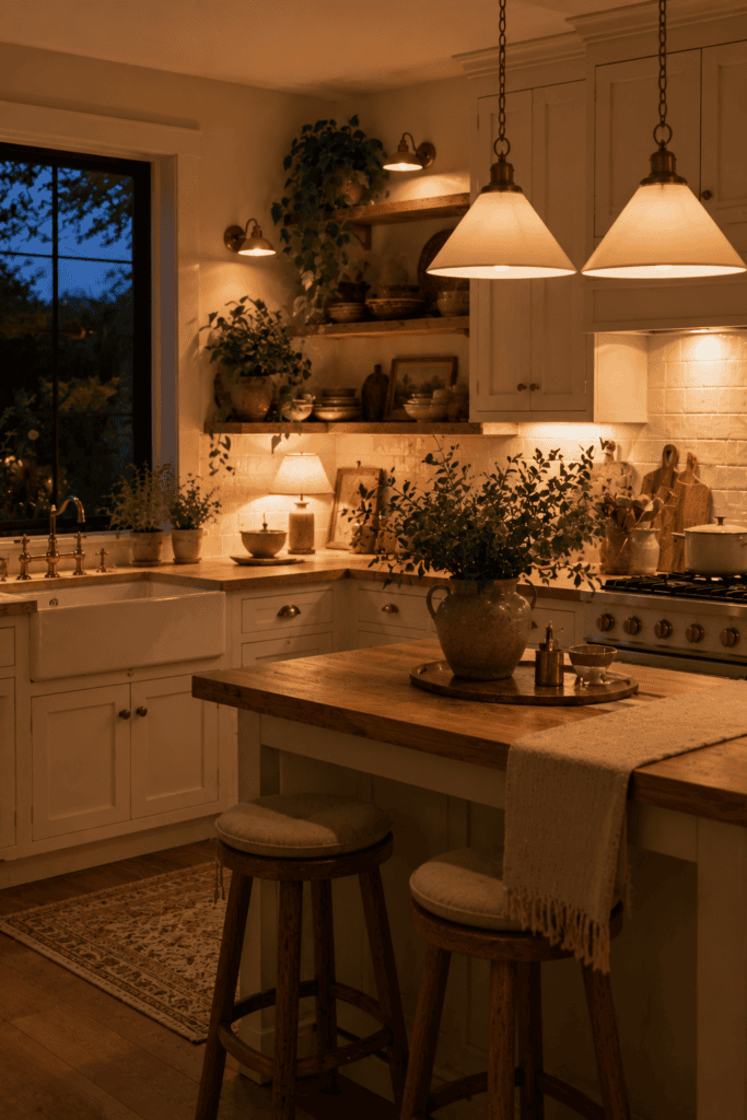 Warm ambient lighting creating a cozy evening atmosphere in a cottage kitchen.