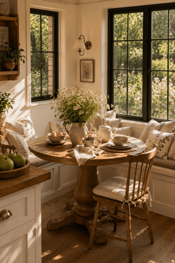 Cozy cottage kitchen breakfast nook with linen cushions, fresh flowers, and oak furniture.