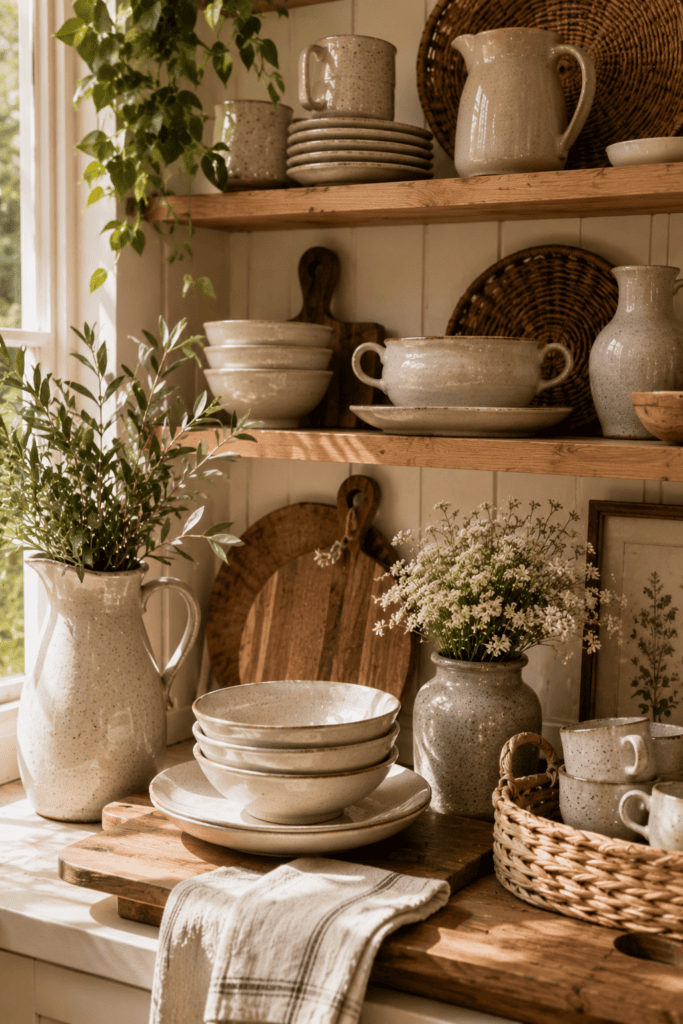 Handcrafted ceramic and stoneware decor styled throughout a timeless cottage kitchen.