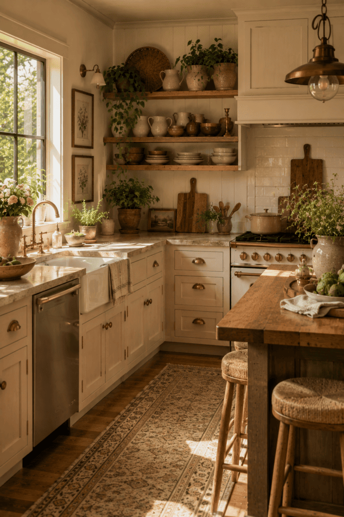 Beautiful cottage kitchen featuring timeless decor, botanical artwork, natural wood, ceramics, and warm afternoon sunlight.
