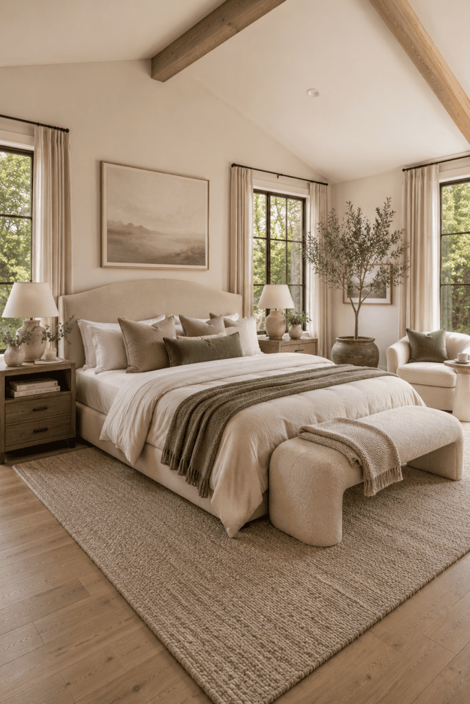 Elegant neutral bedroom with layered bedding, oak furniture, soft morning light, and timeless designer styling.