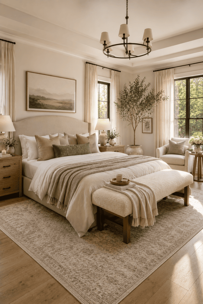 Neutral bedroom featuring soft beige tones, oak furniture, and calming natural light.