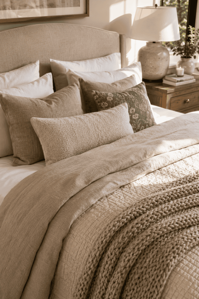 Luxury layered bedding with linen pillows, knit throw, and hotel-inspired styling.