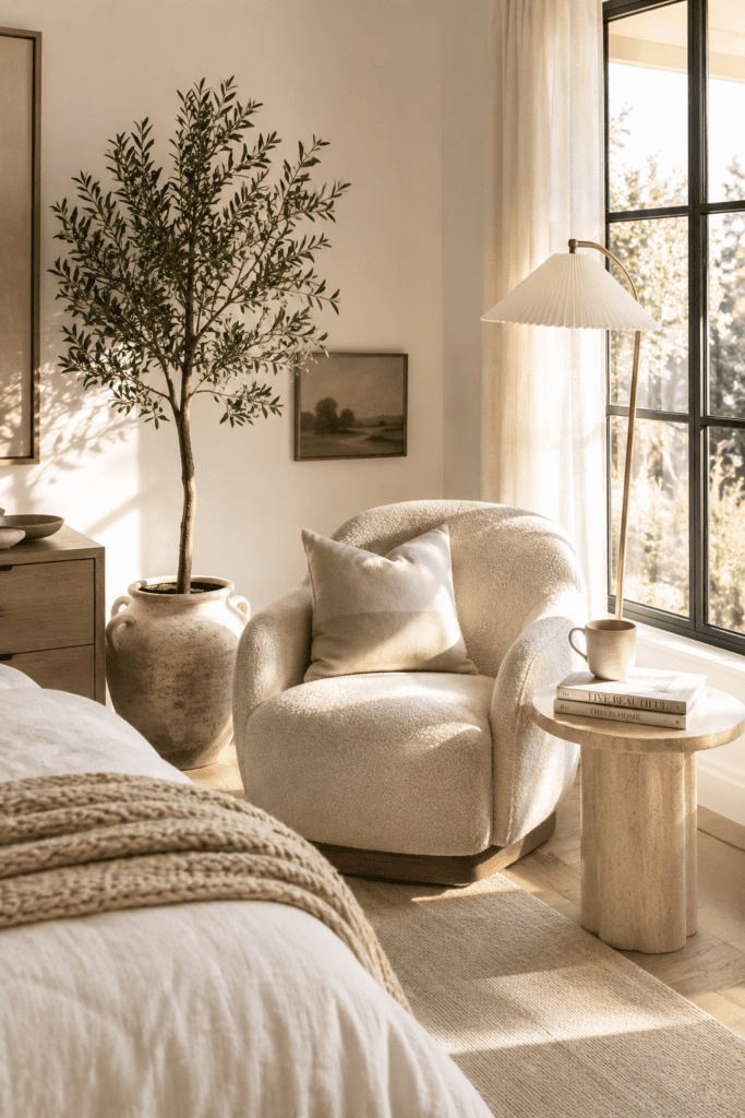 Cozy bedroom reading nook with boucle chair, books, and natural sunlight.