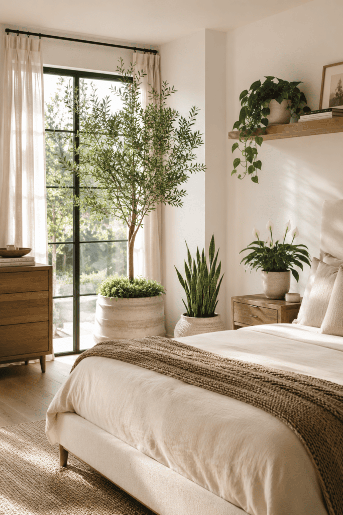 Elegant bedroom decorated with indoor plants, oak furniture, and warm morning sunlight.