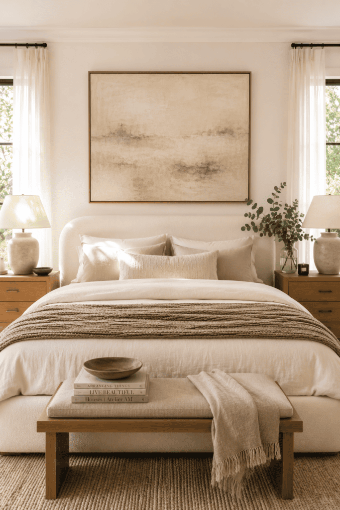 Large abstract artwork above a beautifully styled neutral bedroom.
