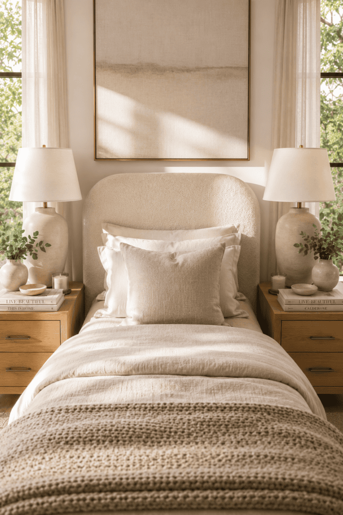 Matching oak bedside tables styled with ceramic lamps and elegant bedroom decor.