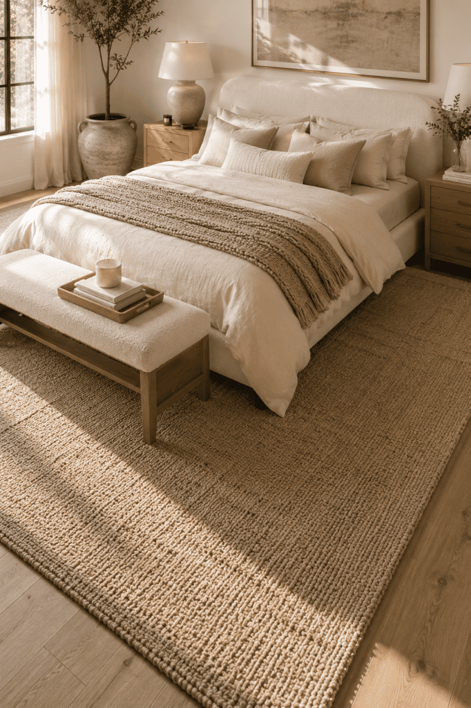 Soft wool area rug adding warmth and texture to a luxury neutral bedroom.