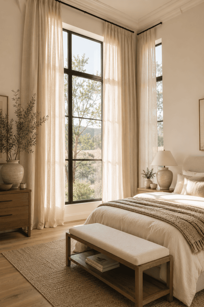 Floor-to-ceiling linen curtains creating a bright and elegant bedroom.