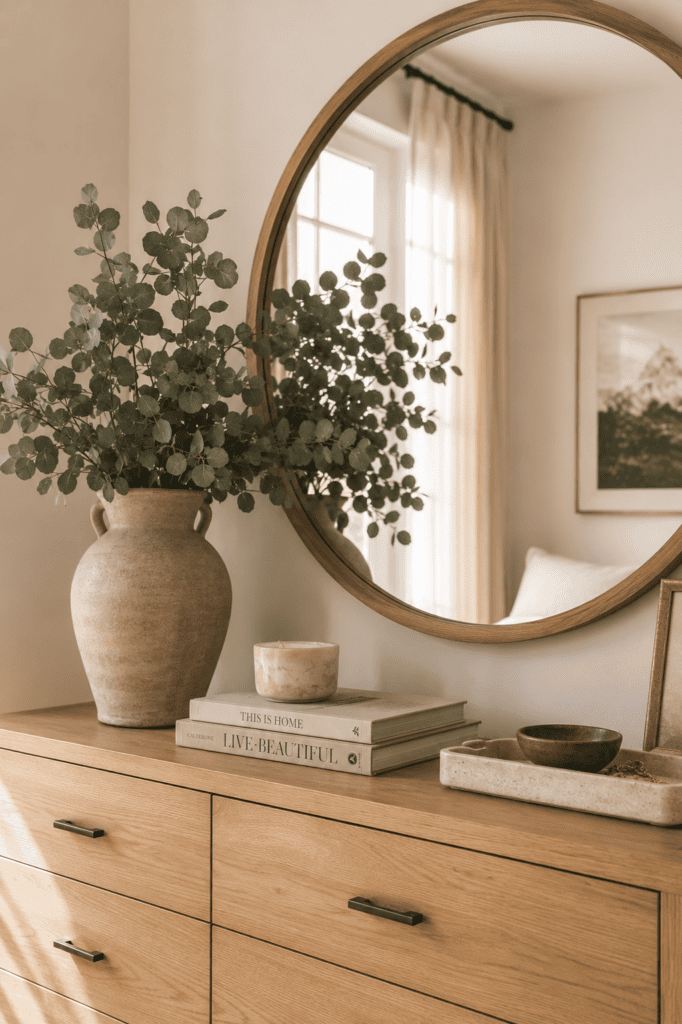 Minimal oak dresser styled with a mirror, ceramic decor, books, and fresh greenery.