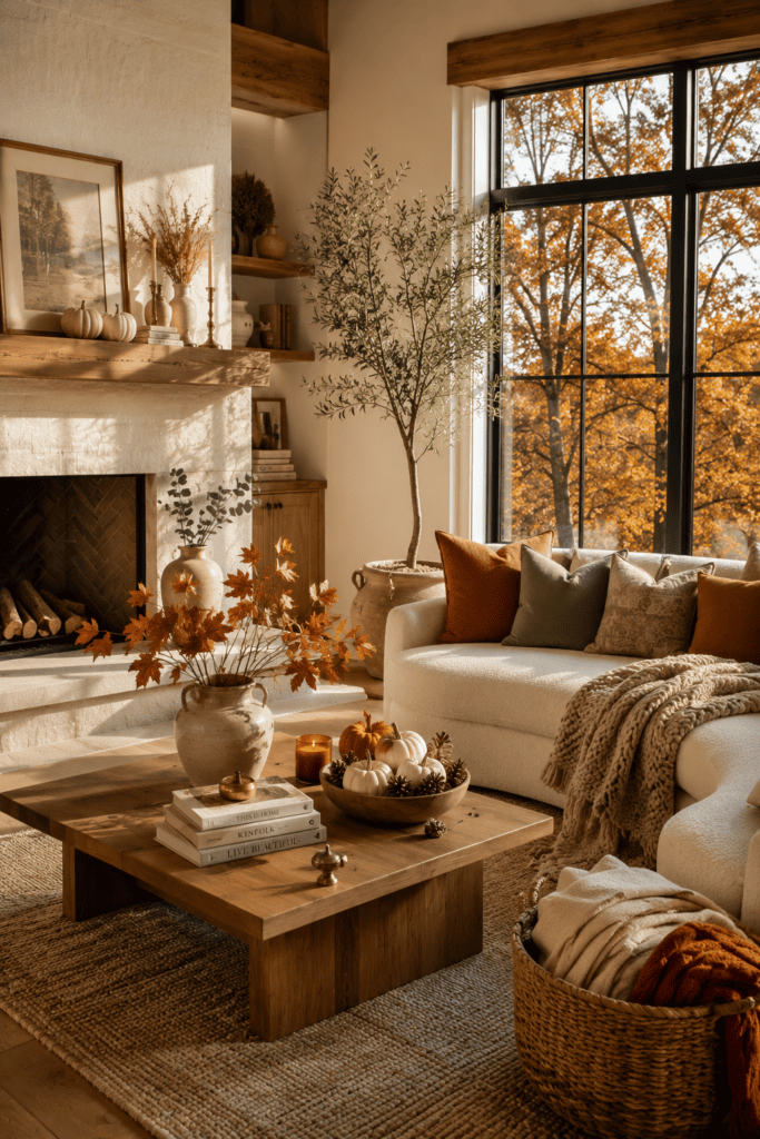 Elegant fall living room decorated with cozy neutral textures, dried foliage, white pumpkins, and warm autumn sunlight.