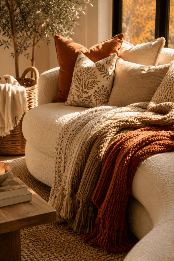Chunky knit throw blankets layered on a cozy neutral sofa for fall.
