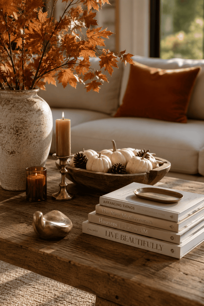 Elegant fall coffee table featuring dried branches, candles, books, and white pumpkins.