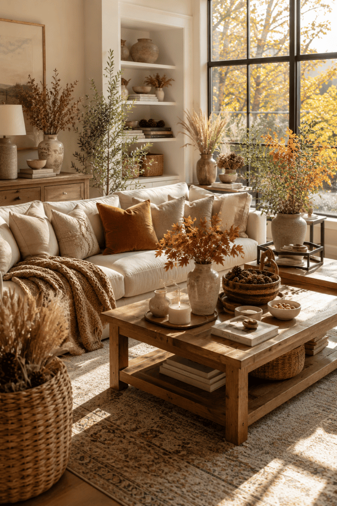 Natural fall branches and greenery decorating a bright designer living room.