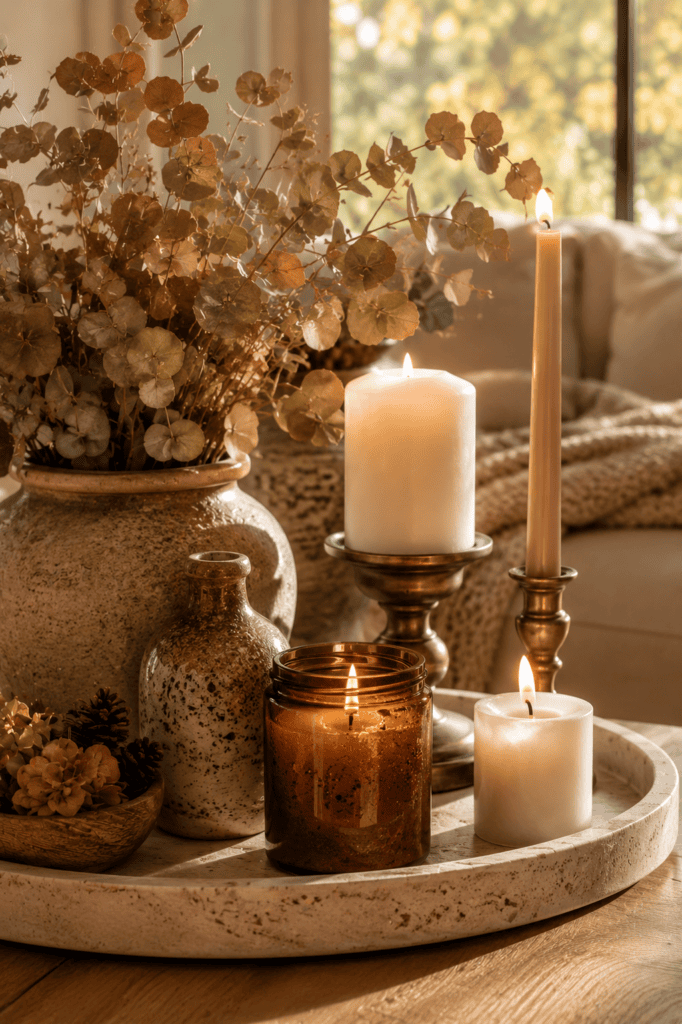 Elegant fall candle display with brass candle holders and amber glass candles.
