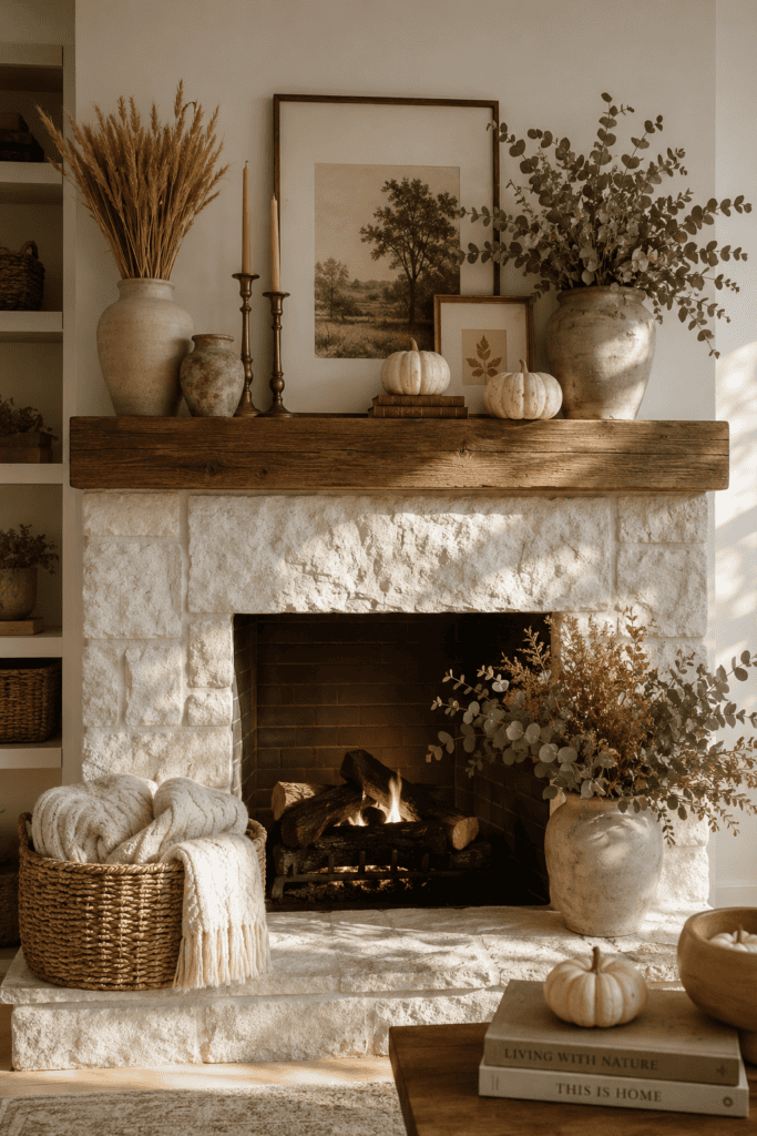 Elegant fall fireplace mantel decorated with dried foliage, candles, and white pumpkins.