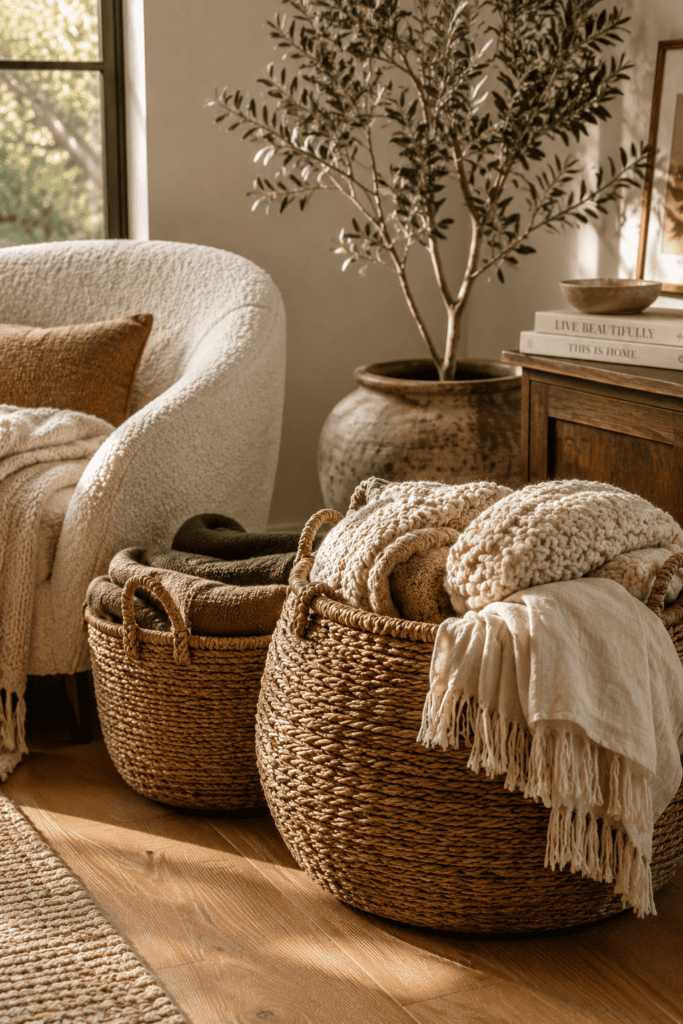 Handwoven baskets filled with cozy blankets in a warm fall living room.