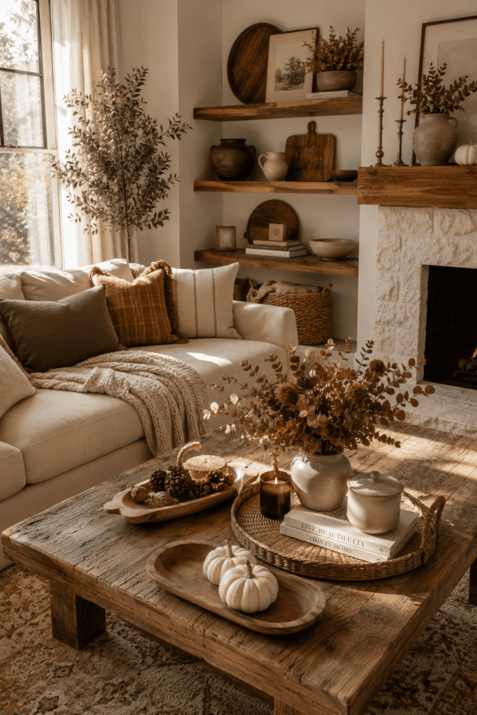 Natural oak furniture and handcrafted wood accents styled for elegant fall decor.