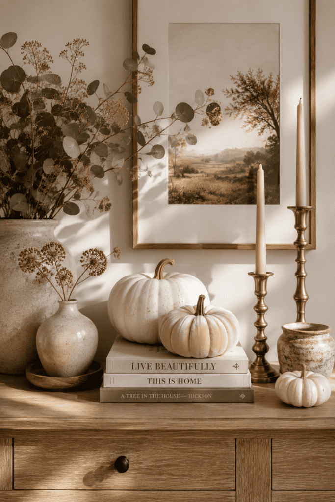Neutral white pumpkins styled with elegant autumn home accessories.