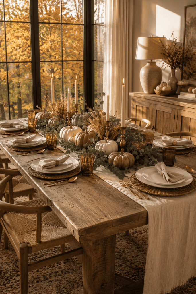 Elegant fall dining table with linen runner, candles, and seasonal centerpiece.
