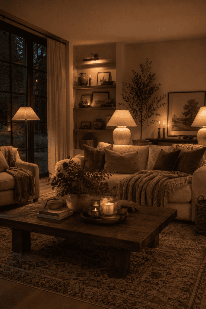 Warm ambient lighting creating a cozy fall atmosphere in a stylish living room.