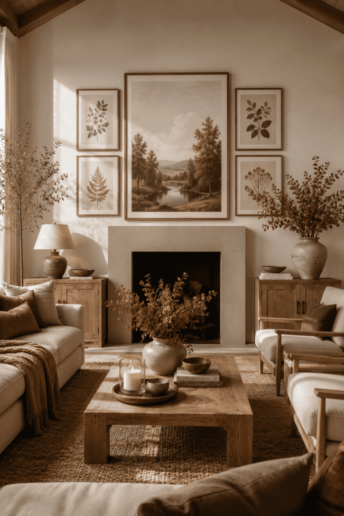 Neutral autumn artwork creating a seasonal focal point above a fireplace.