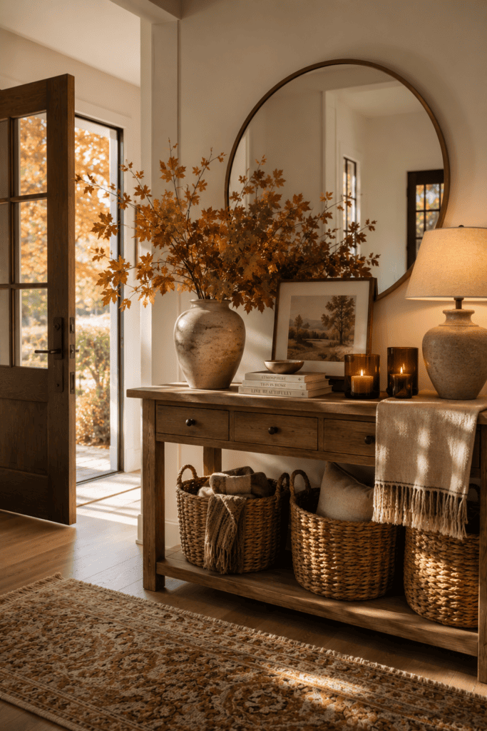 Welcoming fall entryway decorated with maple branches and natural wood accents.
