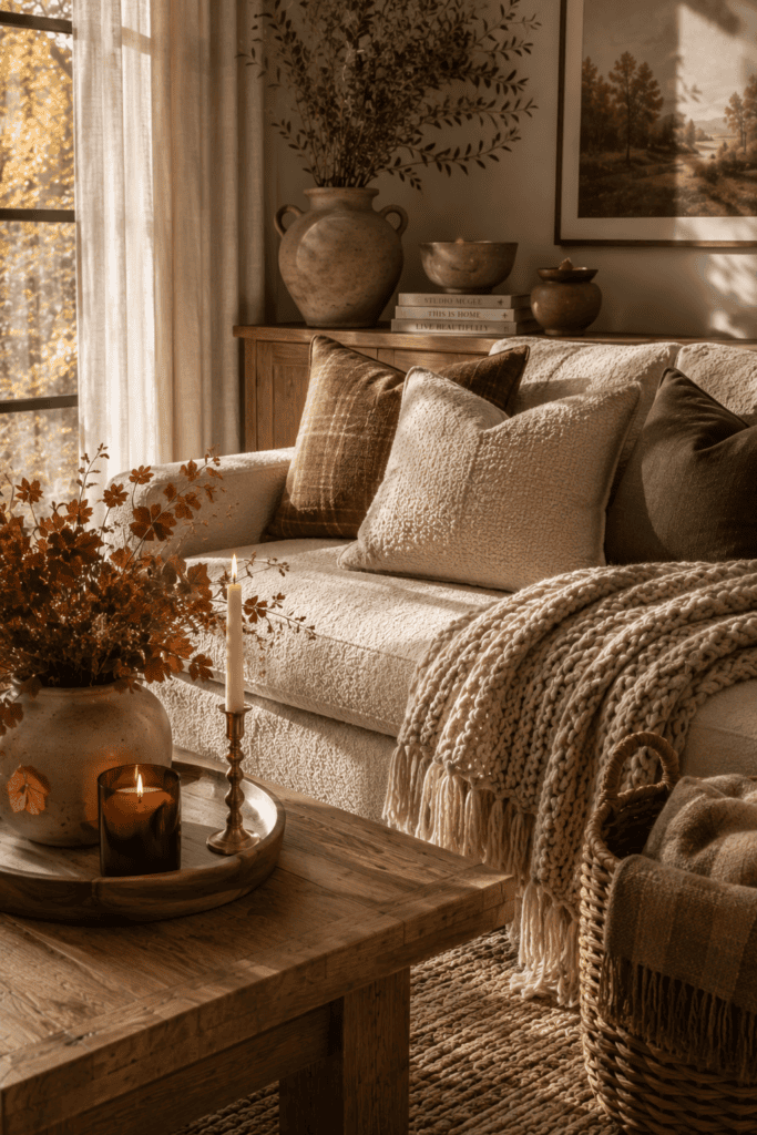 Layered fall textures including boucle, linen, wool, and woven natural materials.