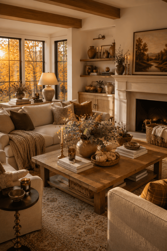 Beautiful fall living room with timeless seasonal decor, cozy textures, natural wood, and warm golden light.