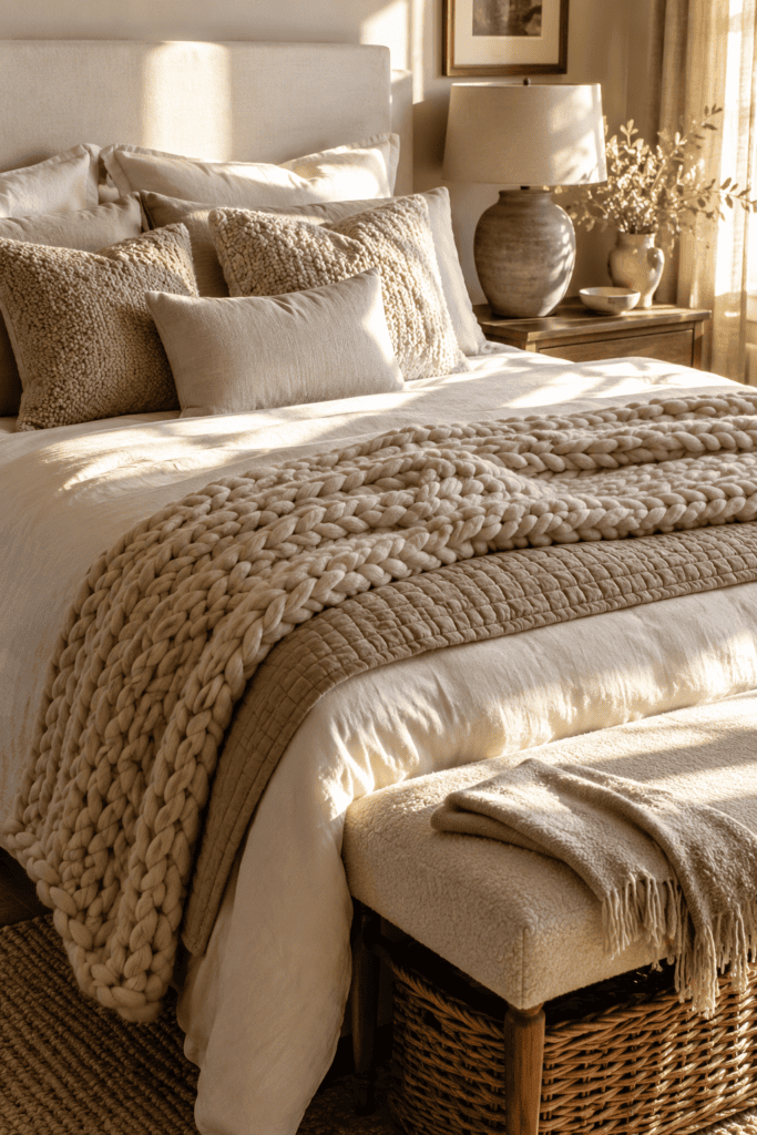 Neutral bedroom layered with cozy knit throws, boucle pillows, and soft linens.