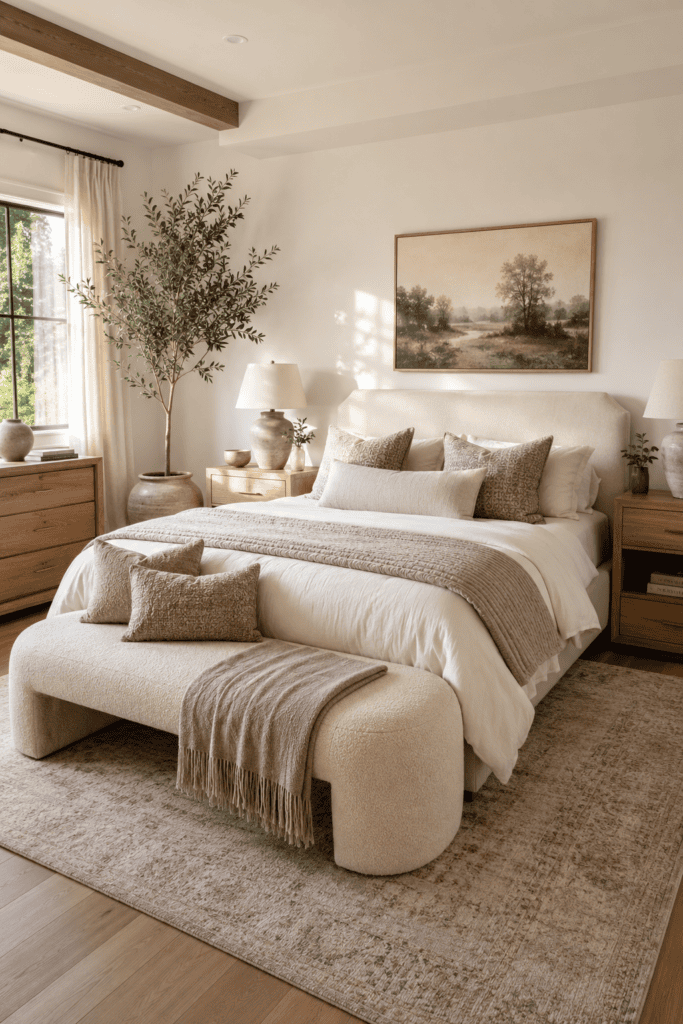 Curved boucle bench at the foot of a beautifully styled neutral bedroom.
