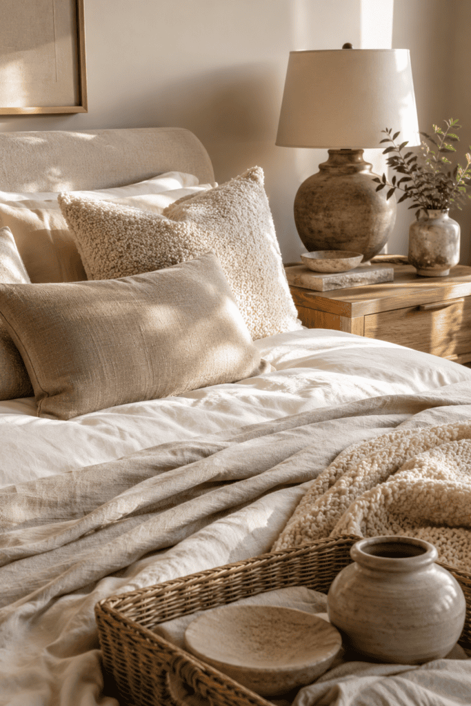 Layered bedroom textures including linen, boucle, oak, ceramics, and woven decor.