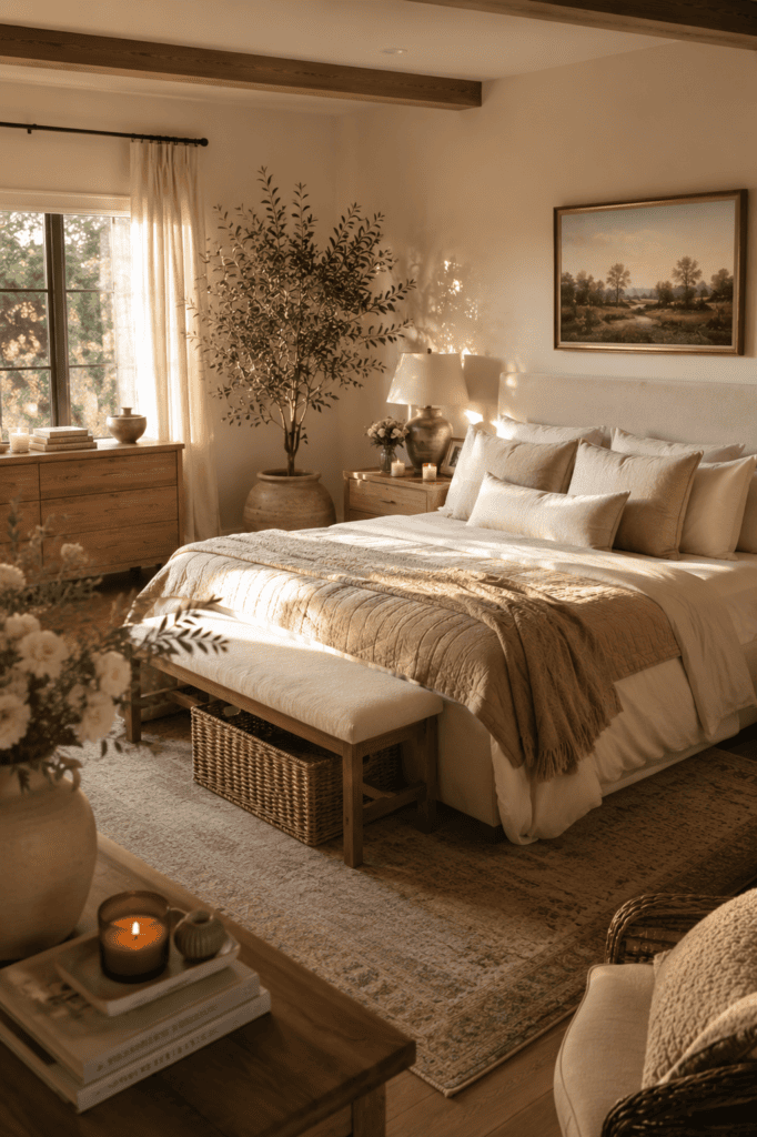Beautifully styled neutral bedroom with elegant decor, layered textures, natural wood, and warm morning sunlight.