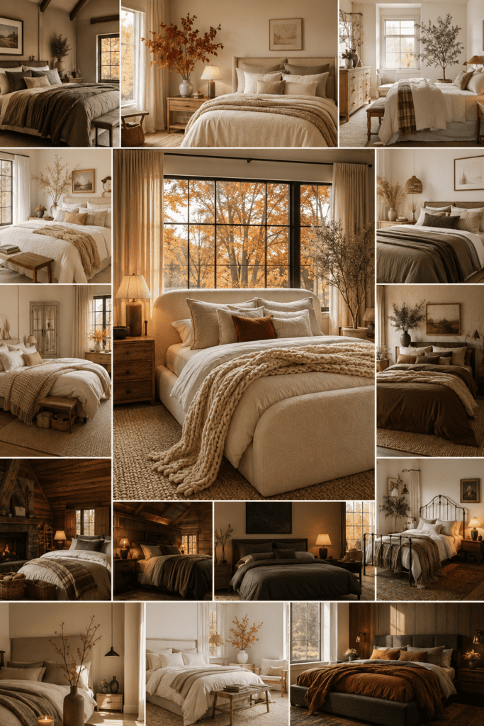 Luxury collage featuring multiple elegant fall bedroom styles with cozy bedding, warm lighting, and timeless autumn decor.
