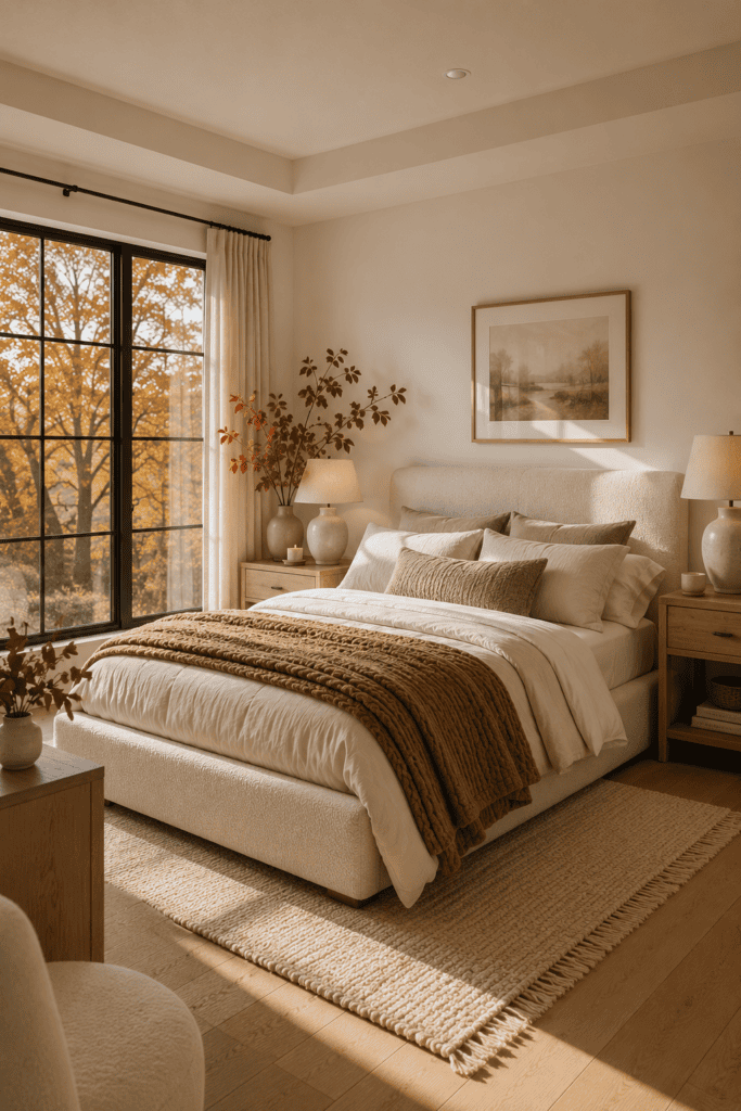 Modern neutral fall bedroom with cozy linen bedding and warm autumn sunlight.