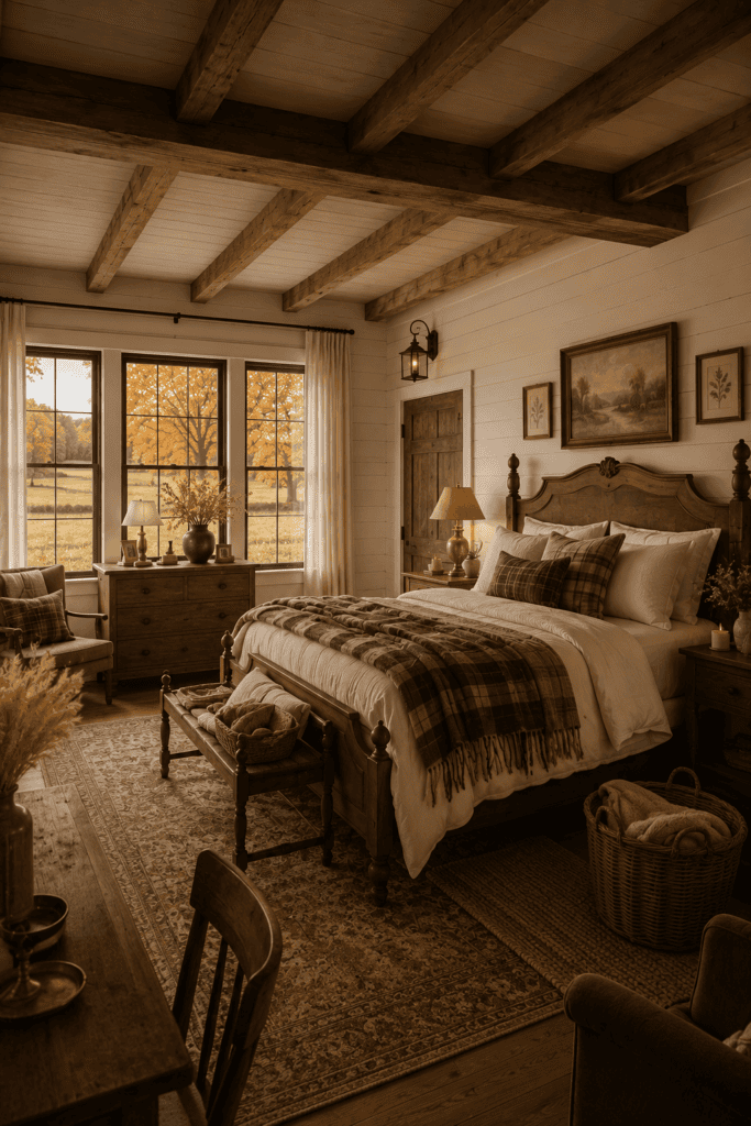 Rustic farmhouse bedroom decorated with warm fall textures and reclaimed wood.