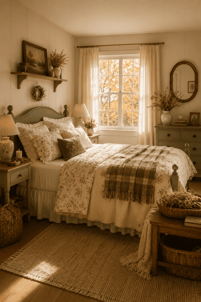 Cozy cottage bedroom decorated with floral bedding and warm autumn accents.
