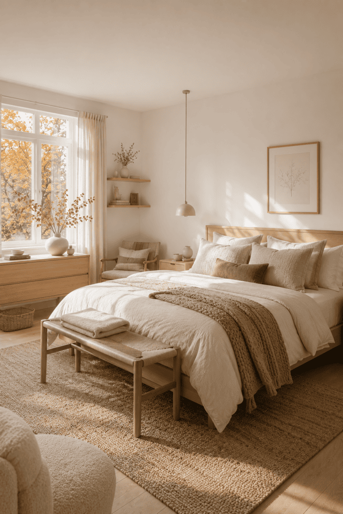Scandinavian bedroom styled with cozy fall textures and minimalist decor.