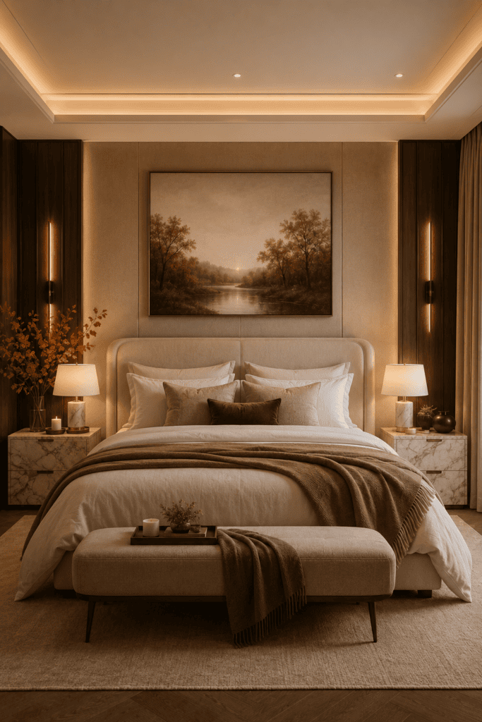 Luxury hotel-inspired bedroom featuring elegant fall decor and layered bedding.