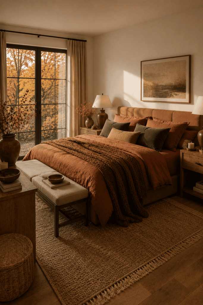 Warm earth-tone bedroom with rust bedding, olive accents, and cozy autumn styling.